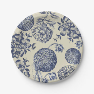 Assiettes En Carton Flore d'impression florale de fleurs bleues antiqu