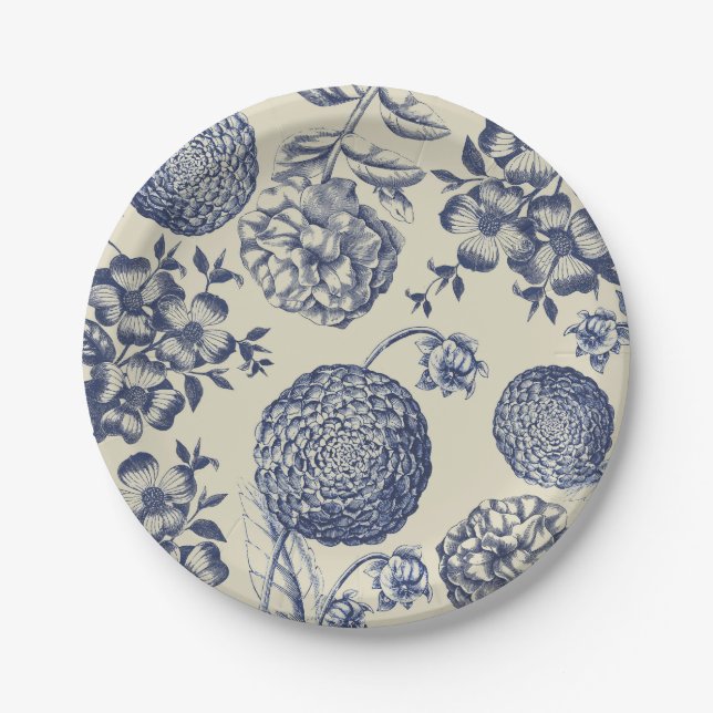 Assiettes En Carton Flore d'impression florale de fleurs bleues antiqu (Devant)