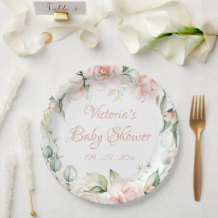 Assiettes En Carton Flore rose pâle Baby shower personnalisé