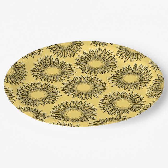 Assiettes En Carton Flore Rustique Tournesol Main tiré (Angle)