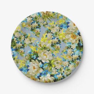 Assiettes En Carton Flore Vintage jaune et bleue