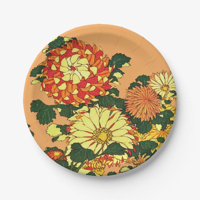 Assiettes En Carton Flower Border, mandarin orange et or (Devant)