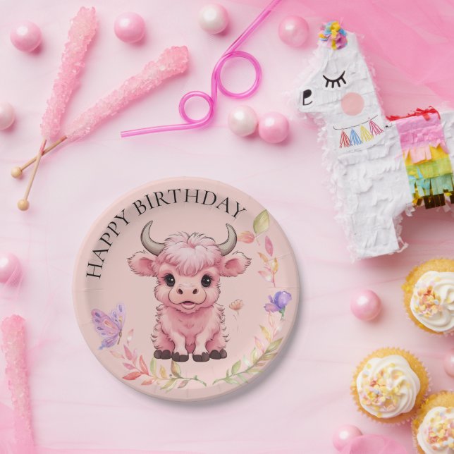 Assiettes En Carton Fluffy Rose Highlands Scottish Cow (Fête)