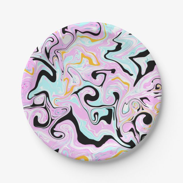 Assiettes En Carton Fluid Art Cotton Bonbon rose, Turquoise, noir et o (Devant)