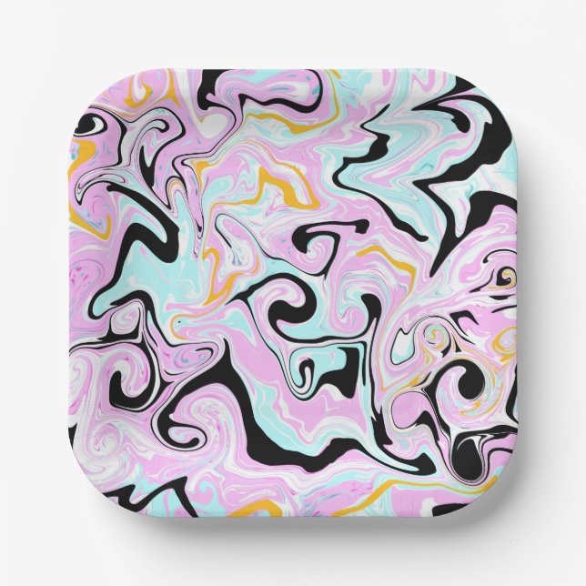 Assiettes En Carton Fluid Art Cotton Bonbon rose, Turquoise, noir et o (Recto)