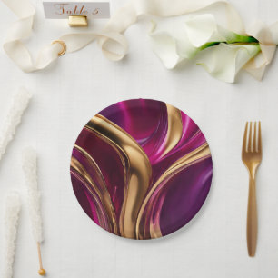 Assiettes En Carton Flux Abstrait Art-Fuchsia violet et or-
