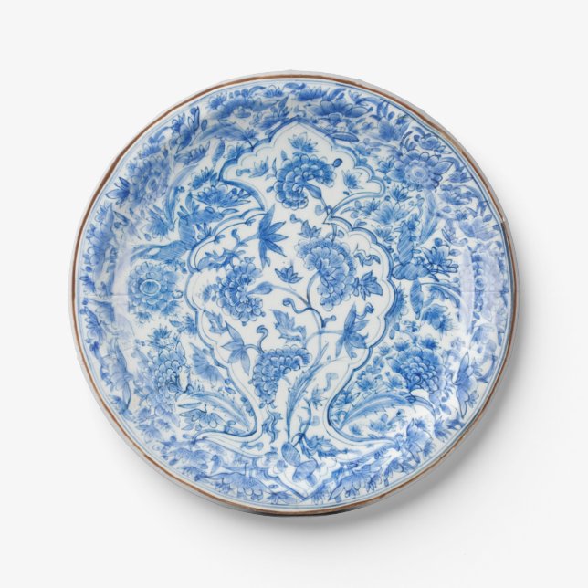 Assiettes En Carton Flux floral bleu blanc imitation porcelaine (Devant)