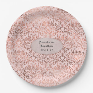 Assiettes En Carton Foil Damask Rose Gold et Blush Mariage