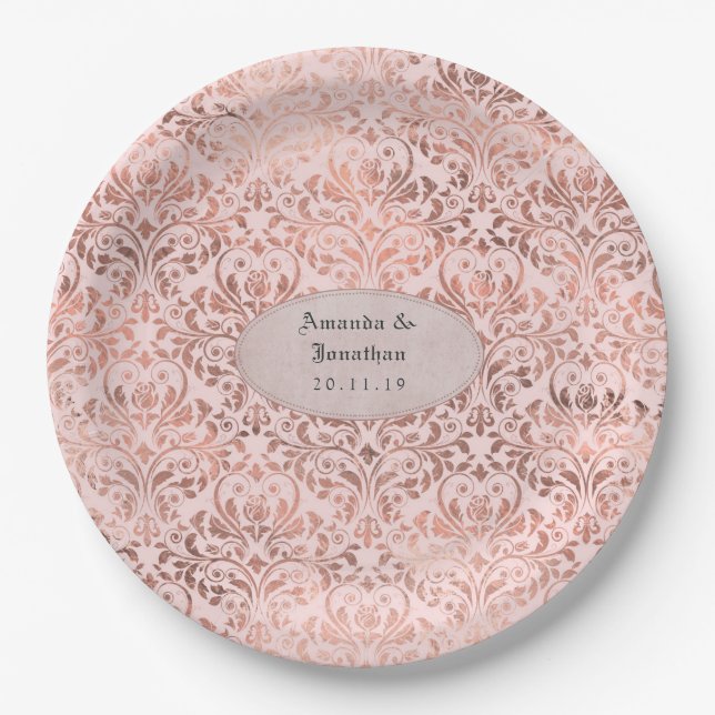 Assiettes En Carton Foil Damask Rose Gold et Blush Mariage (Devant)