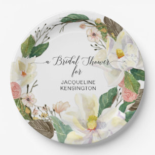 Assiettes En Carton Foliage floral blanc Magnolia Aquarelle