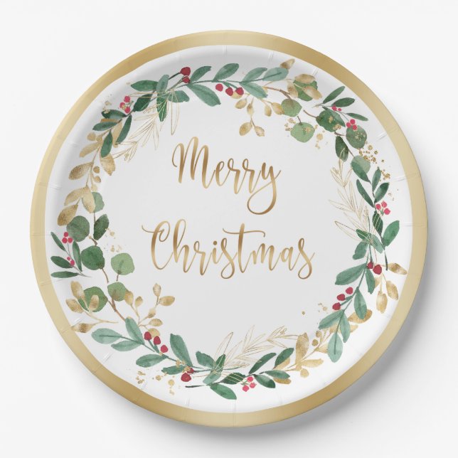 Assiettes En Carton Foliole d'or vert Rouge Berry Noël (Devant)