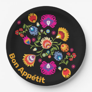 Assiettes En Carton folklore polonais avec fleurs roses 