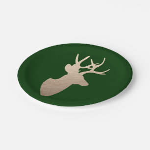 Assiettes En Carton Forest Green profond et silhouette d'or de cerfs