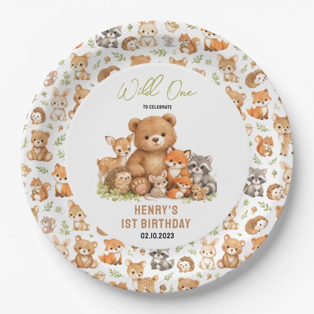 Assiettes En Carton Forest Woodland Animals Wild One 1st Birthday (Devant)