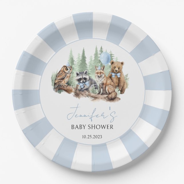 Assiettes En Carton Forêt Bois animaux bleu garçon baby shower (Devant)