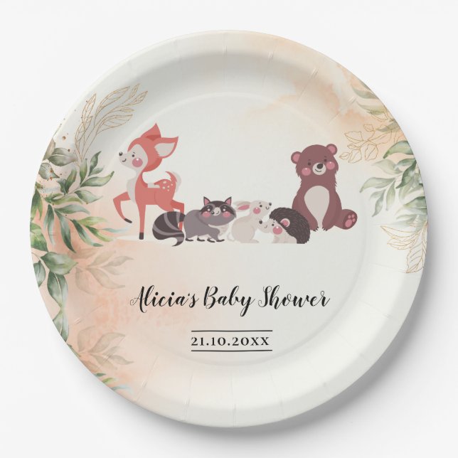 Assiettes En Carton Forêt d'aquarelles/Baby shower des bois (Devant)