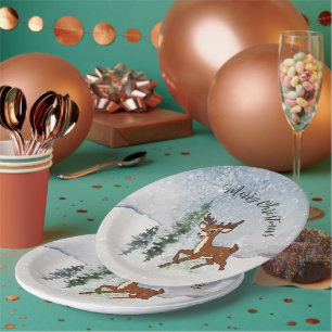Assiettes En Carton Forêt de neige avec un cerf