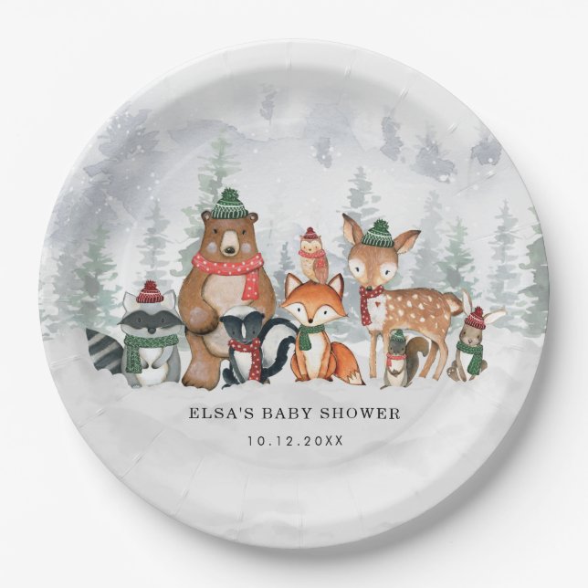 Assiettes En Carton Forêt-Frostée Hiver Bois Bébé Animaux Fêtes (Devant)