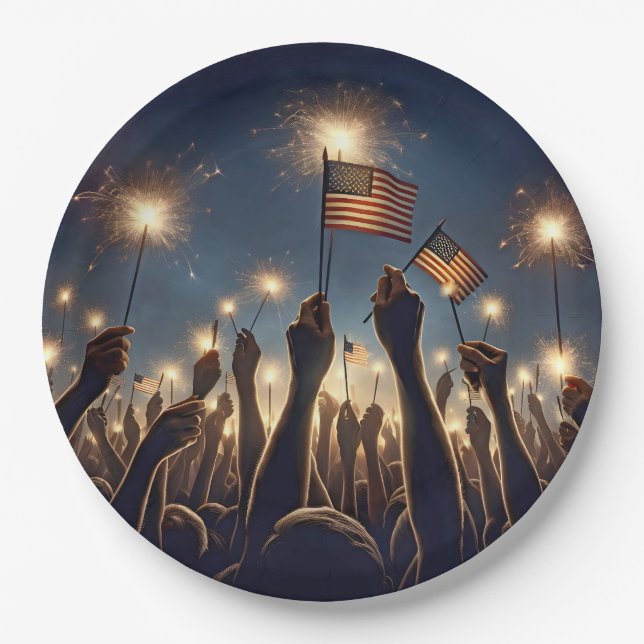 Assiettes En Carton Foule avec des drapeaux américains et des étincela (Devant)