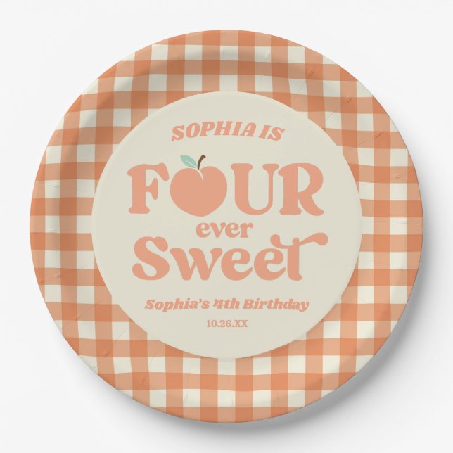 Assiettes En Carton Four Ever Sweet Peach Fruit 4e fête d'anniversaire (Devant)