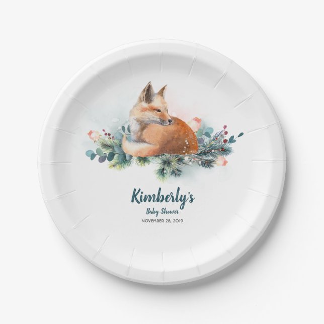 Assiettes En Carton Fox Winter Woodland Baby shower (Devant)