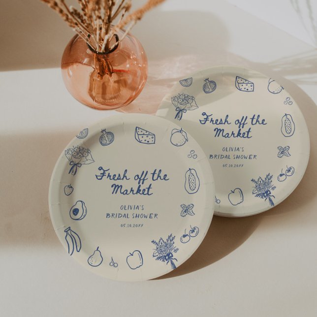 Assiettes En Carton Fraîche Hors Du Marché Main Bleue Dessinée (Créateur téléchargé)