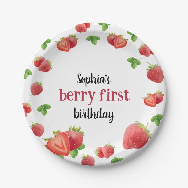 Assiettes En Carton Fraise 1er anniversaire fête Berry Sweet (Devant)
