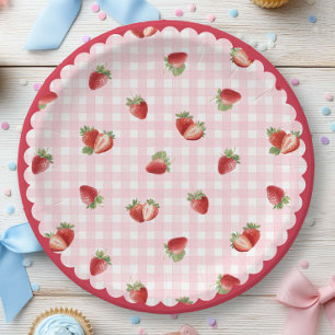 Assiettes En Carton Fraise fraîche avec motif gingham rose
