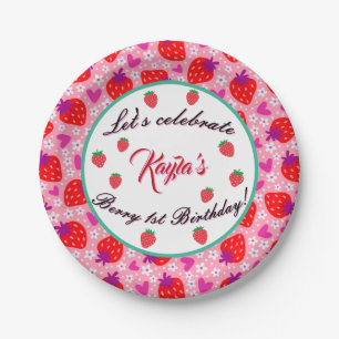 Assiettes En Carton Fraise rose Premier anniversaire