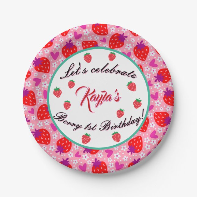 Assiettes En Carton Fraise rose Premier anniversaire (Devant)