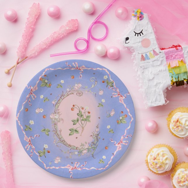 Assiettes En Carton Fraises Mignonette Bleue Français Grande Plaque (Fête)