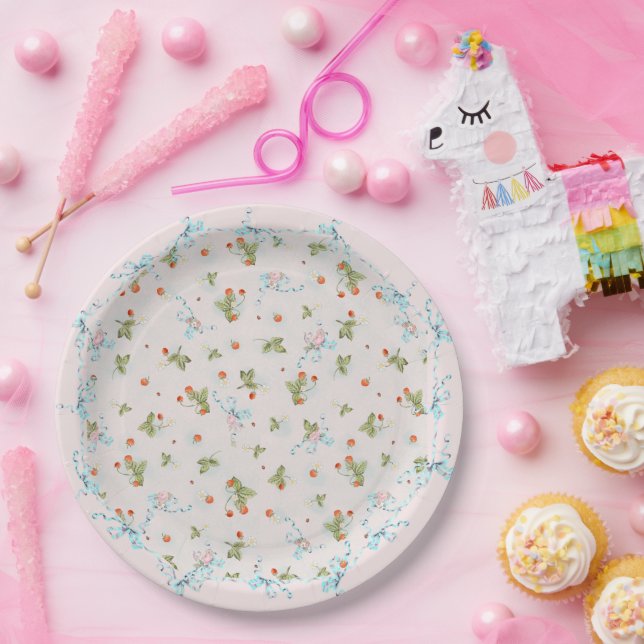 Assiettes En Carton Fraises Mignonette Bleue Français Grande Plaque (Fête)