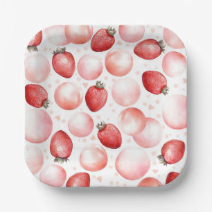 Assiettes En Carton Fraises rouges et ballons roses Élégant mignon