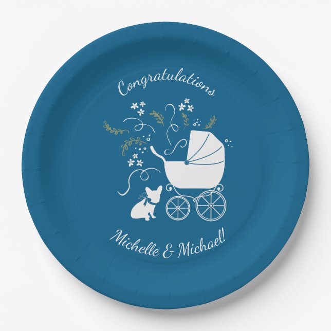 Assiettes En Carton Français Baby shower Bulldog Français Frenchie Blu (Devant)