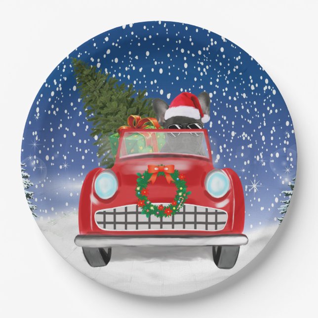 Assiettes En Carton Français Bulldog Driving Car En Noël De Neige (Devant)
