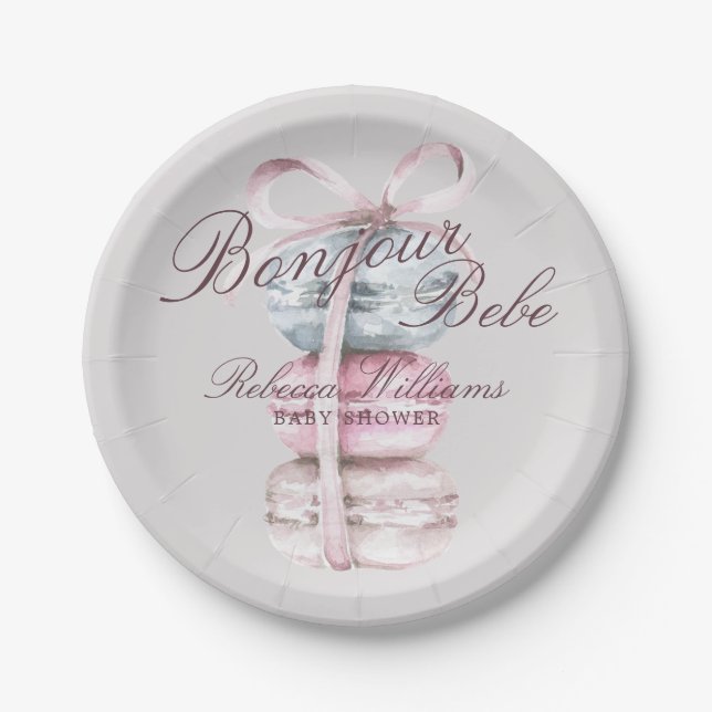 Assiettes En Carton Français Macaron Bonjour Baby shower Bebe (Devant)
