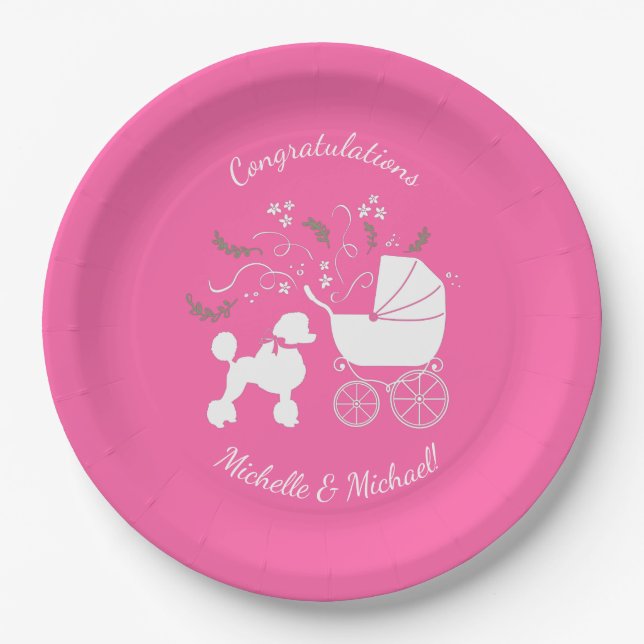Assiettes En Carton Français Poodle Chien Baby shower Chien Chiot Rose (Devant)