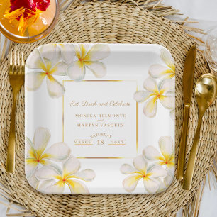 Assiettes En Carton Frangipani or blanc mariage tropical