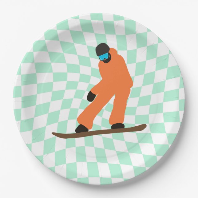 Assiettes En Carton Freeride Snowboardeur En Costume Orange À damiers (Devant)