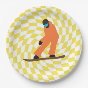 Assiettes En Carton Freeride Snowboardeur En Costume Orange À damiers