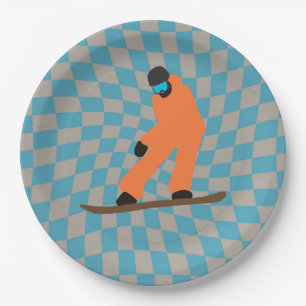 Assiettes En Carton Freeride Snowboardeur En Costume Orange À damiers