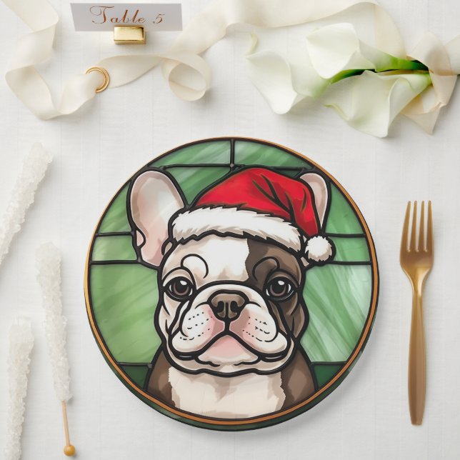 Assiettes En Carton French Bulldog Vitrail Christmas (Mariage)