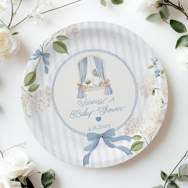 Assiettes En Carton French Nursery Baby Shower Blue Stripes Bow (Créateur téléchargé)