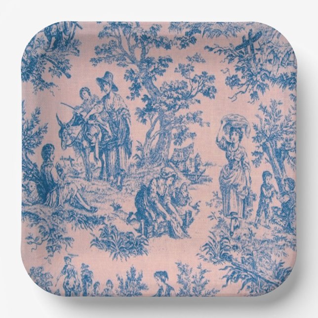 Assiettes En Carton French toile de jouy bleu et rose élégant (Recto)