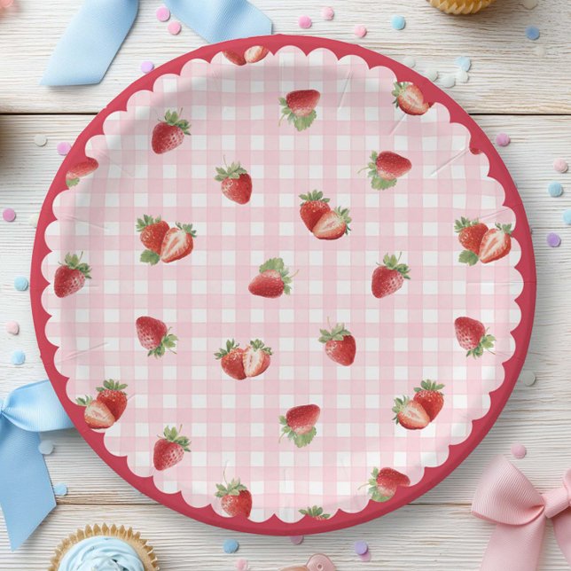Assiettes En Carton Fresh Strawberry with Pink Gingham Pattern (Strawberry with pink gingham paper plate)