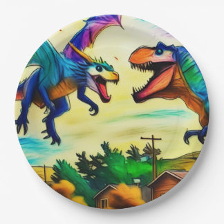 Assiettes En Carton Friendly Encounter - Dragon and Dinosaur