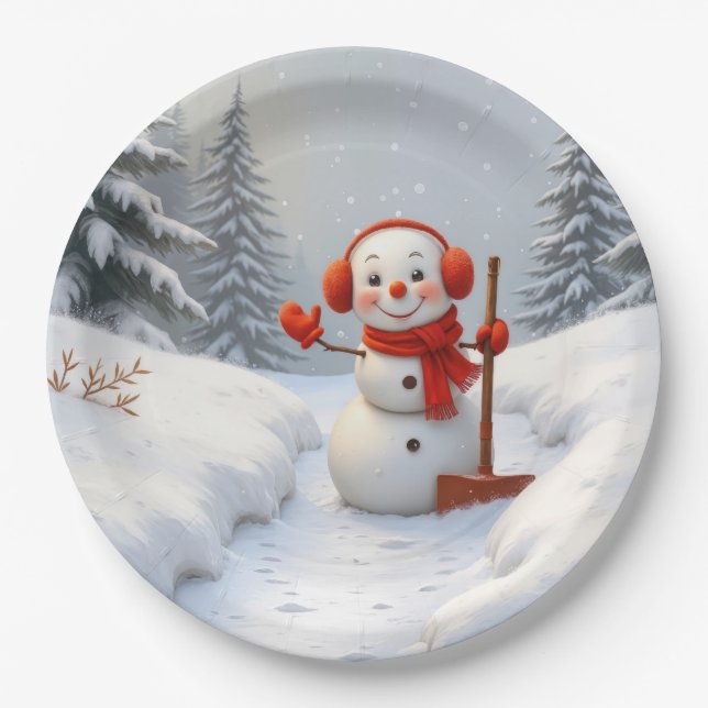 Assiettes En Carton Friendly Snowman with a Red Shovel (Devant)