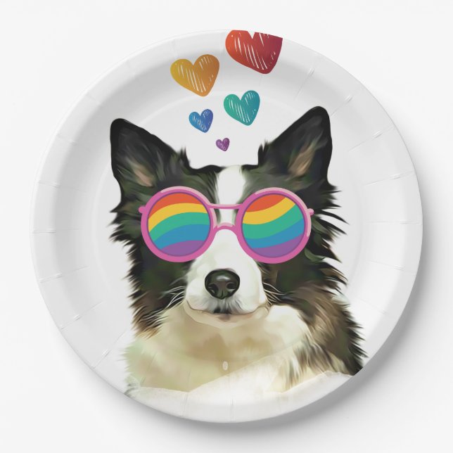 Assiettes En Carton Frontière Collie Chien avec Coeurs Saint-Valentin (Devant)