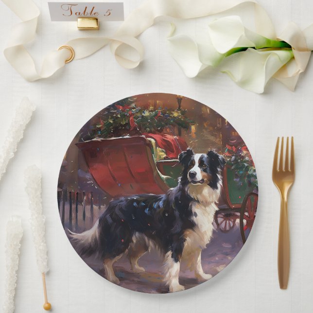Assiettes En Carton Frontière Collie Festive de Noël (Mariage)