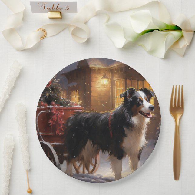 Assiettes En Carton Frontière Collie Festive de Noël (Mariage)